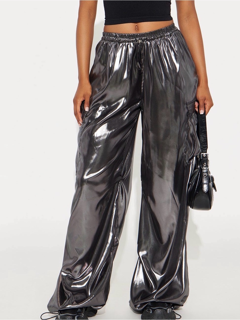 Fashion Nova Roxie Metallic Cargo Wide Leg Pants Gunmetal L